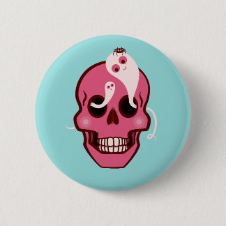 Badge Rond 5 Cm Crâne Rose Cute Avec Araignée Et Fantômes Dans Les