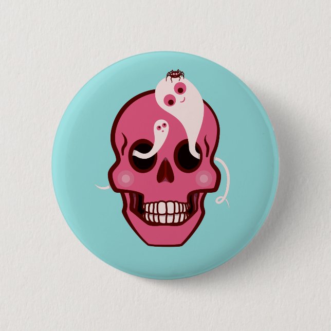 Badge Rond 5 Cm Crâne Rose Cute Avec Araignée Et Fantômes Dans Les (Devant)