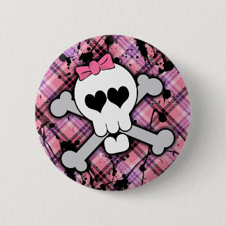 Badge Rond 5 Cm Crâne rose et os croisés avec les coeurs et l'arc
