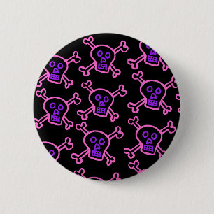Badge Rond 5 Cm Crâne rose et violet et os croisés