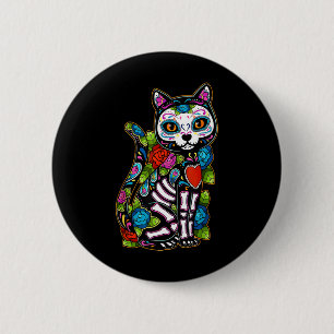 Badge Rond 5 Cm Crâne sucre Chat noir De Los Muertos Catrina Jour