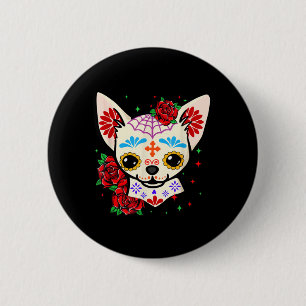 Badge Rond 5 Cm Crânes de Chihuahua Jour des Morts Crâne de Sucre 
