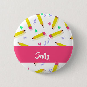 Badge Rond 5 Cm Crayons et rayures jaunes sur blanc