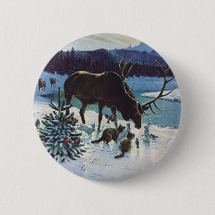 Badge Rond 5 Cm Créatures forestières vintages et wapitis en neige