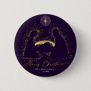 Badge Rond 5 Cm Crèche de Noël Violet Or Nom Personnalisé