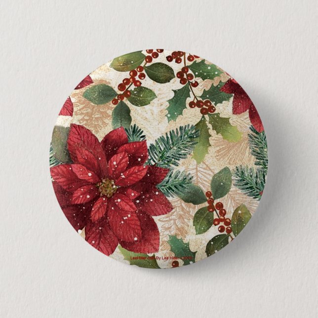 Badge Rond 5 Cm Crème verte rouge Retro les années 50 Poinsettia (Devant)