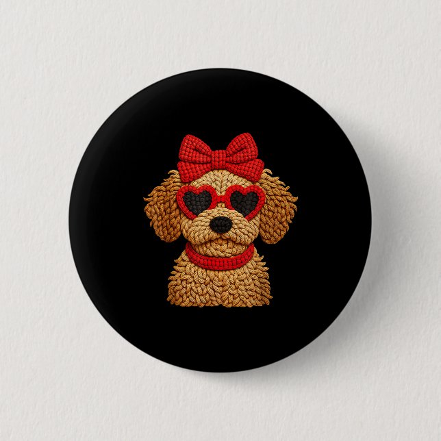 Badge Rond 5 Cm Crochet Puppy Heart Sungles Red Bow Valentines Day (Devant)