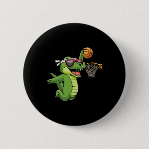 Badge Rond 5 Cm Crocodile Jouer Basketball Alligator