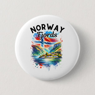 Badge Rond 5 Cm Croisière Fjords Norvège Drapeau Norvégien Scandin