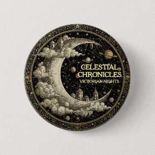 Badge Rond 5 Cm Croissant de lune vintage avec nuages, rétro victo