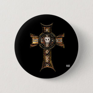 Badge Rond 5 Cm Croix celtique et crâne (or)