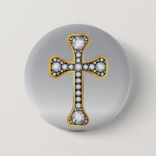 Badge Rond 5 Cm Croix chrétienne avec des pierres de "diamant"