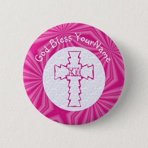 Badge Rond 5 Cm Croix chrétienne rose vif en zig-zag sur fond blan