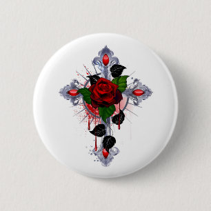 Badge Rond 5 Cm Croix d'argent avec une rose rouge