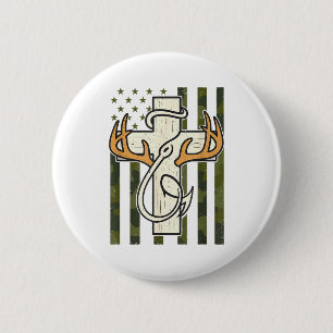 Badge Rond 5 Cm Croix de bois de cerf Crochet de pêche Caméléon Dr