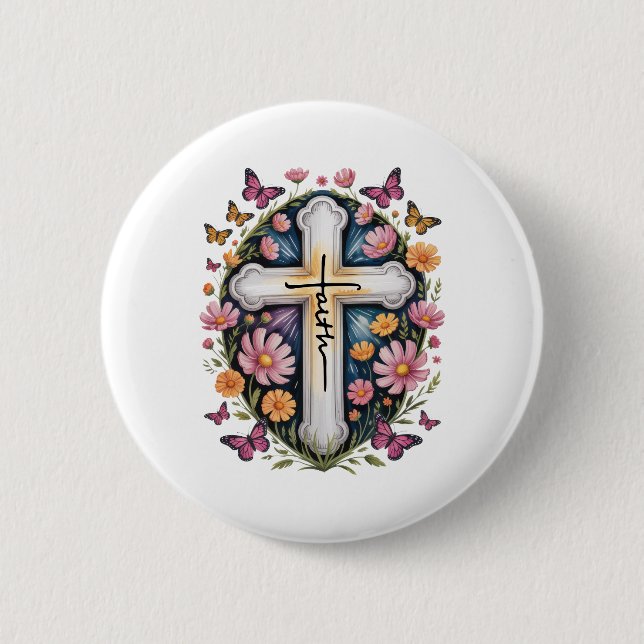Badge Rond 5 Cm Croix de foi florale  (Devant)
