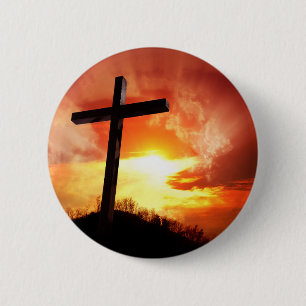 Badge Rond 5 Cm Croix de Pâques religieuse au coucher du soleil