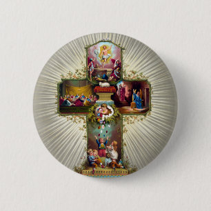 Badge Rond 5 Cm Croix de Pâques vintage Gîtes religieux Or