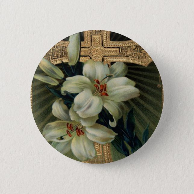 Badge Rond 5 Cm Croix d'or chrétienne Lily (Devant)