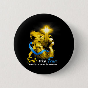 Badge Rond 5 Cm Croix Lion Chrétien La Foi Surmonte La Peur Trisom