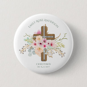 Badge Rond 5 Cm Croix rose florale Bouquet Girl Baptême Christenin