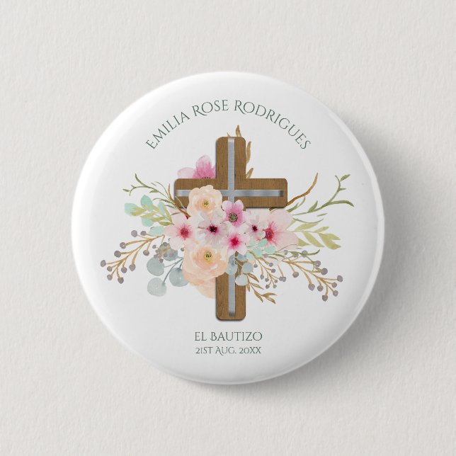 Badge Rond 5 Cm Croix rose florale filles Bautizo Bautismo Baptism (Devant)