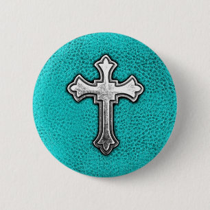 Badge Rond 5 Cm Croix turquoise en métal