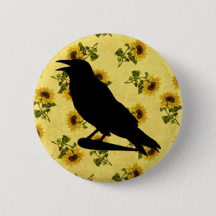 Badge Rond 5 Cm Crow on Sunflowers