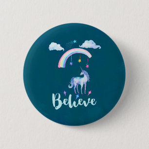 Badge Rond 5 Cm Croyez avec une licorne aquarelle sous un arc-en-c