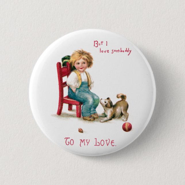 Badge Rond 5 Cm Cru Valentine de garçon et de chiot (Devant)