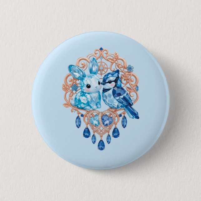 Badge Rond 5 Cm Crystal Blue Bunny and Blue Jay Heart (Devant)