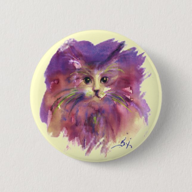 BADGE ROND 5 CM CUISINE POURPUE, PORTRAIT DE CAT DE CUISINE (Devant)