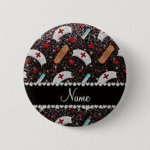 Badge Rond 5 Cm Custom name black glitter nurse hats heart
