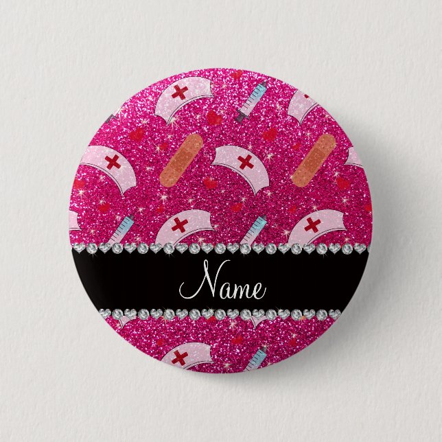 Badge Rond 5 Cm Custom name neon hot pink glitter nurse hats heart (Devant)