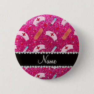 Badge Rond 5 Cm Custom name neon hot pink glitter nurse hats heart