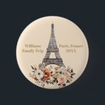 Badge Rond 5 Cm Custom Paris Trip Eiffel Tower Floral<br><div class="desc">Personalize this chic Paris,  France vacation button for your family reunion or girls trip to Europe. An beautiful watercolor drawing of the Eiffel tower with flowers at the bottom. A lovely keepsake souvenir gift.</div>