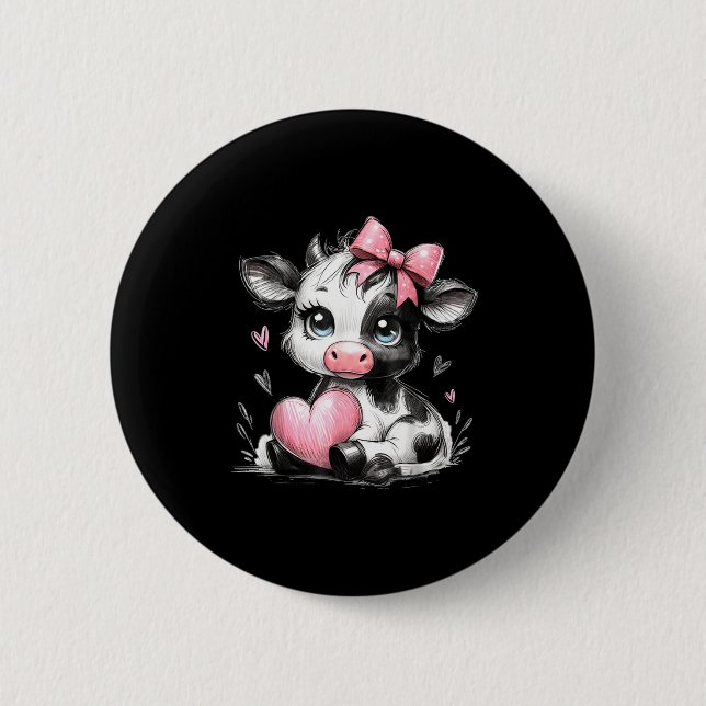 Badge Rond 5 Cm Cute Baby Cow With Nk Coquette Bow Holding Heart  (Devant)