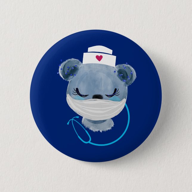Badge Rond 5 Cm Cute Bear Nurse Wearing a Medical Mask (Devant)