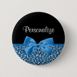 Badge Rond 5 Cm Cute Blue Jaguar Print Bright Blue Ribbon et nom