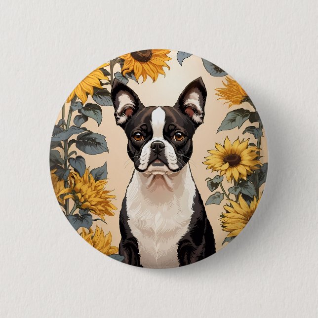 Badge Rond 5 Cm Cute Boston Terrier Yellow Sunflowers (Devant)