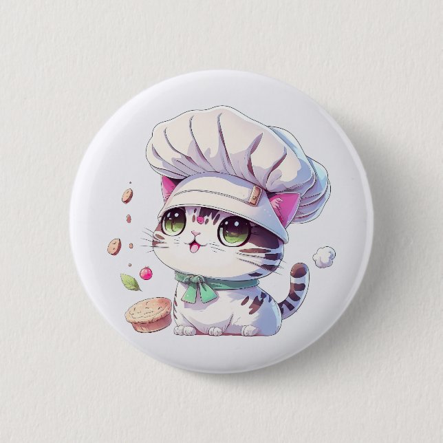Badge Rond 5 Cm Cute boulangère Chef Chat Kitten avec pain | (Devant)