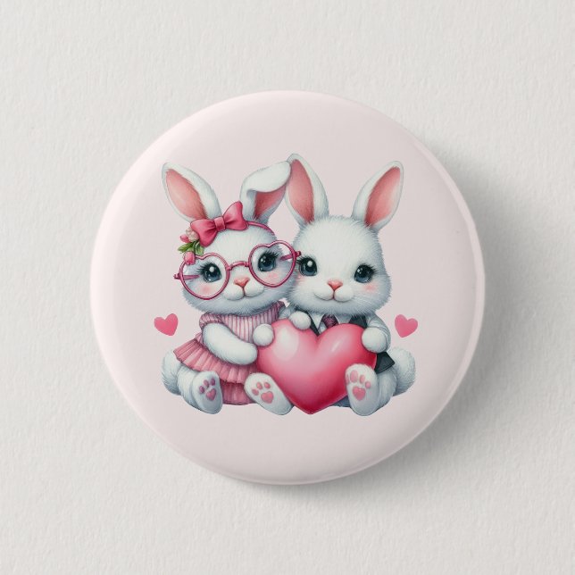 Badge Rond 5 Cm Cute Bunnies Sharing a Heart (Devant)