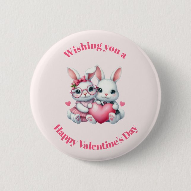 Badge Rond 5 Cm Cute Bunnies Sharing a Heart Valentine's Day (Devant)