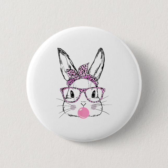 Badge Rond 5 Cm Cute Bunny Face Pink Léopard Lunettes Bubblegum Ea (Devant)