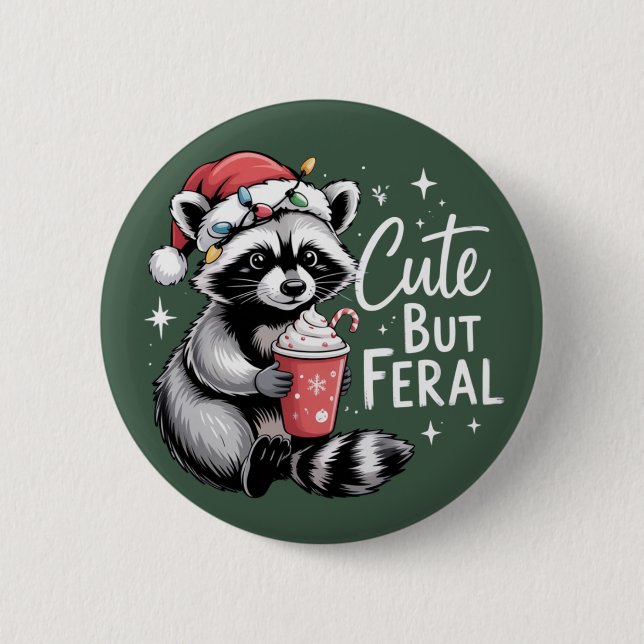 Badge Rond 5 Cm Cute But Feral Christmas Raccoon Funny Animal (Devant)