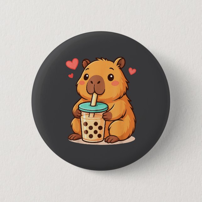 Badge Rond 5 Cm Cute Capybara Kawaii Anime Drinking Bubble Tea Lov (Devant)