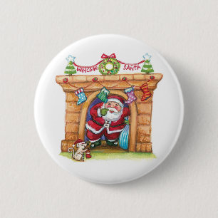 Badge Rond 5 Cm Cute Cartoon Jolly Santa Claus Coming Down Chimney