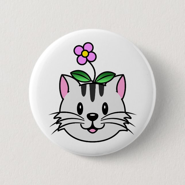 Badge Rond 5 Cm Cute chat caricature avec une fleur sur la tête (Devant)