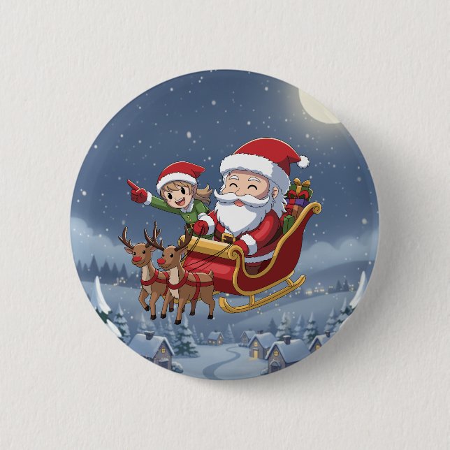 Badge Rond 5 Cm Cute Christmas Chibi Santa and Elf button (Devant)