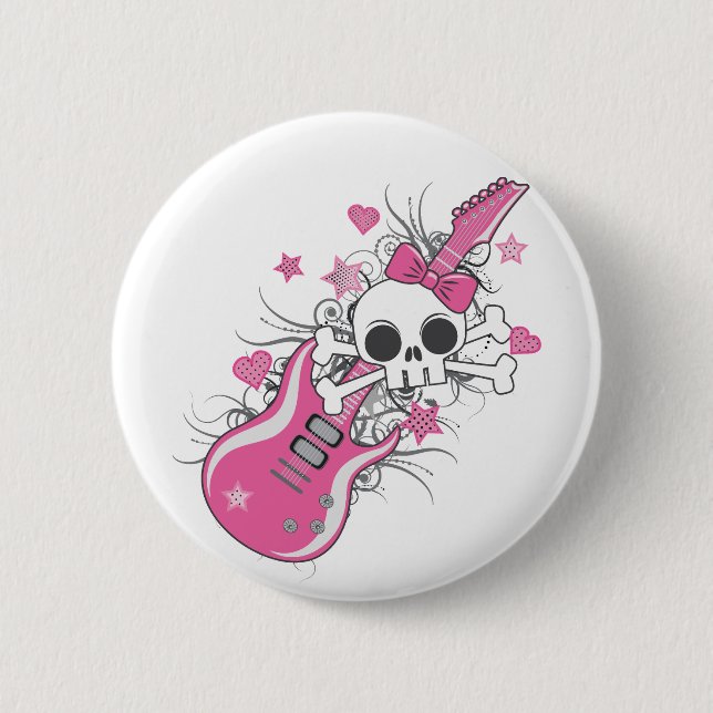 Badge Rond 5 Cm Cute crâne avec guitare rose (Devant)